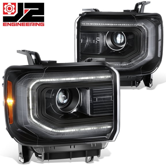 J2 Engineering for 16-18 Sierra 1500 LED DRL HID Projector Headlights Replacement Black/Clear
