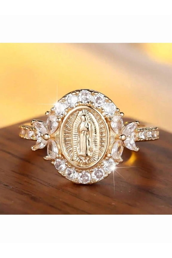 J568 Goldtone Virgin Mary Ring With Cubic Zirconia Accents, Elegant Religious Jewelry For Daily Wear
