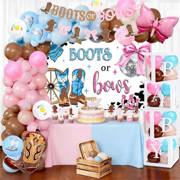 J6&H6 Boots or Bows Gender Reveal Decorations,155 pcs Pink Blue Balloon Garland Kit,4pcs Baby Box With Letters, What Will Baby Be BackdropWestern Themed Cowboy or Cowgirl Baby Shower Decor