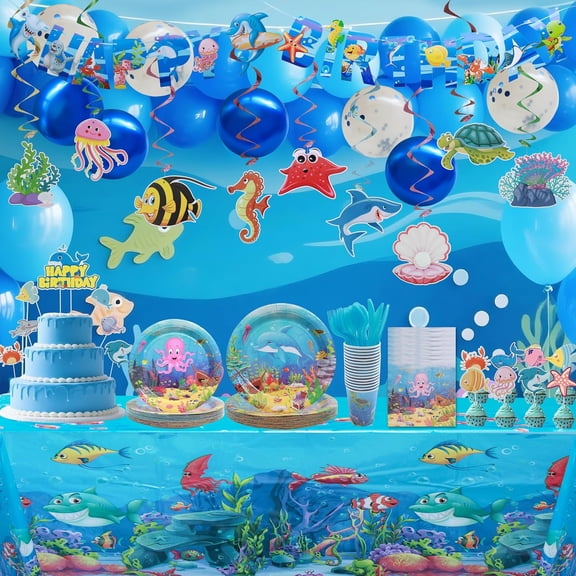 J6&H6 Under the sea Birthday Party Decorations,Include Hanging Banner Hanging Swirl Balloons and Cake covers Party Supplies,Under the sea Themed Party Decorations