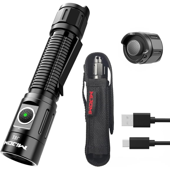 J81 Tactical Flashlight with Holster Rechargeable, 1300 Lumen Super Bright IP68 Waterproof Dual Button Flashlight for Tactical Games Outdoor