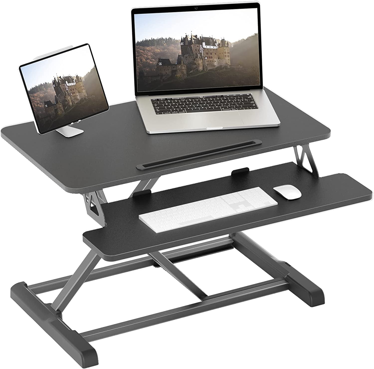 Sunjoy 29’’ Black Height Adjustable Folding Sit to Stand Ultra-Slim Tablet  Desktop Riser for Monitor Screen or Laptop