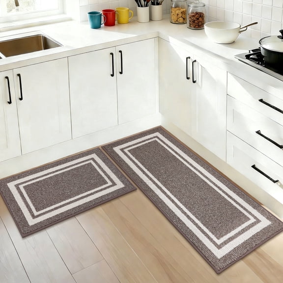 JAATOP Non-Slip Kitchen Mats, 20"x 32" 20"x 48" Absorbent Kitchen Rug Set of 2, Washable Mat for Kitchen, Brown