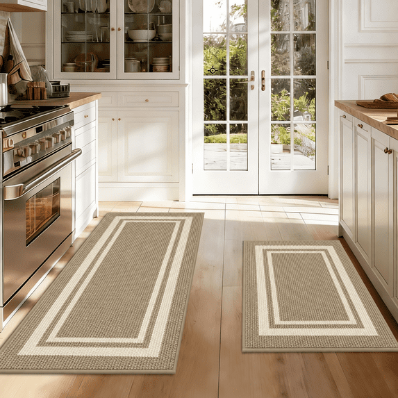 JAATOP Non-Slip Kitchen Mats, 24"x 36" + 24"x 60" Absorbent Kitchen Rug Set of 2, Washable Mat for Kitchen, Beige