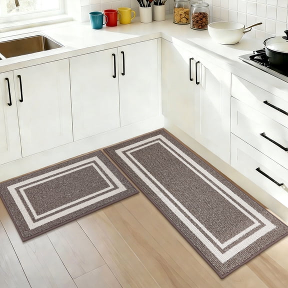 JAATOP Non-Slip Kitchen Mats, Absorbent Floor Mat Set of 2, Washable Floor Mat for Kitchen, 20"x 32" + 20"x 48", Brown
