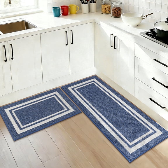 JAATOP Non-Slip Kitchen Rugs, 20"x 32" + 20"x 48" Absorbent Kitchen Mat Set of 2, Washable Mat for Kitchen, Navy