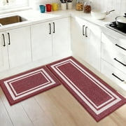 JAATOP Non-Slip Kitchen Mats, 20"x 32" + 20"x 48" Absorbent Kitchen Rug Set of 2, Washable Mat for Kitchen, Red
