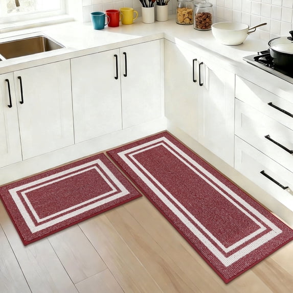 JAATOP Non-Slip Kitchen Mats, 20"x 32" + 20"x 48" Absorbent Kitchen Rug Set of 2, Washable Mat for Kitchen, Red