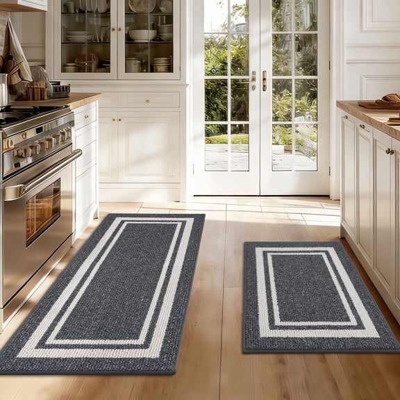 JAATOP Non-Slip Kitchen Mats, Absorbent Floor Mat Set of 2, Washable Floor Mat for Kitchen, 24"x 36"+ 24"x 60", Gray