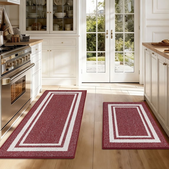 JAATOP Non-Slip Kitchen Mats, Absorbent Floor Mat Set of 2, Washable Floor Mat for Kitchen, 24"x 36"+ 24"x 60", Red
