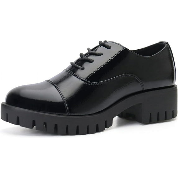 JABASIC Women Platform Oxford Shoes Mid Heel Lace-up Oxfords (8,Black)