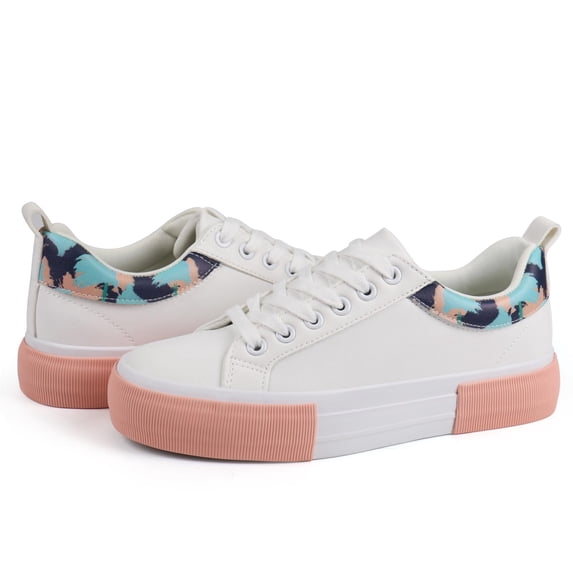 JABASIC Women Fashion Sneakers Low Top Comfort Lace-Up Platform Shoes (11,White/Pink)