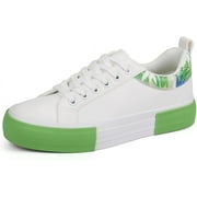 JABASIC Women Platform Sneakers Low Top Comfort Lace-Up Fashion Sneakers (9,White/Green)