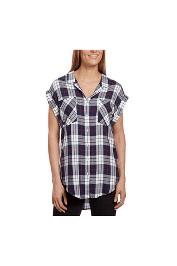 Womens 100% Rayon Button Down Plaid Blouse, White/Navy/Red (XX-Large)