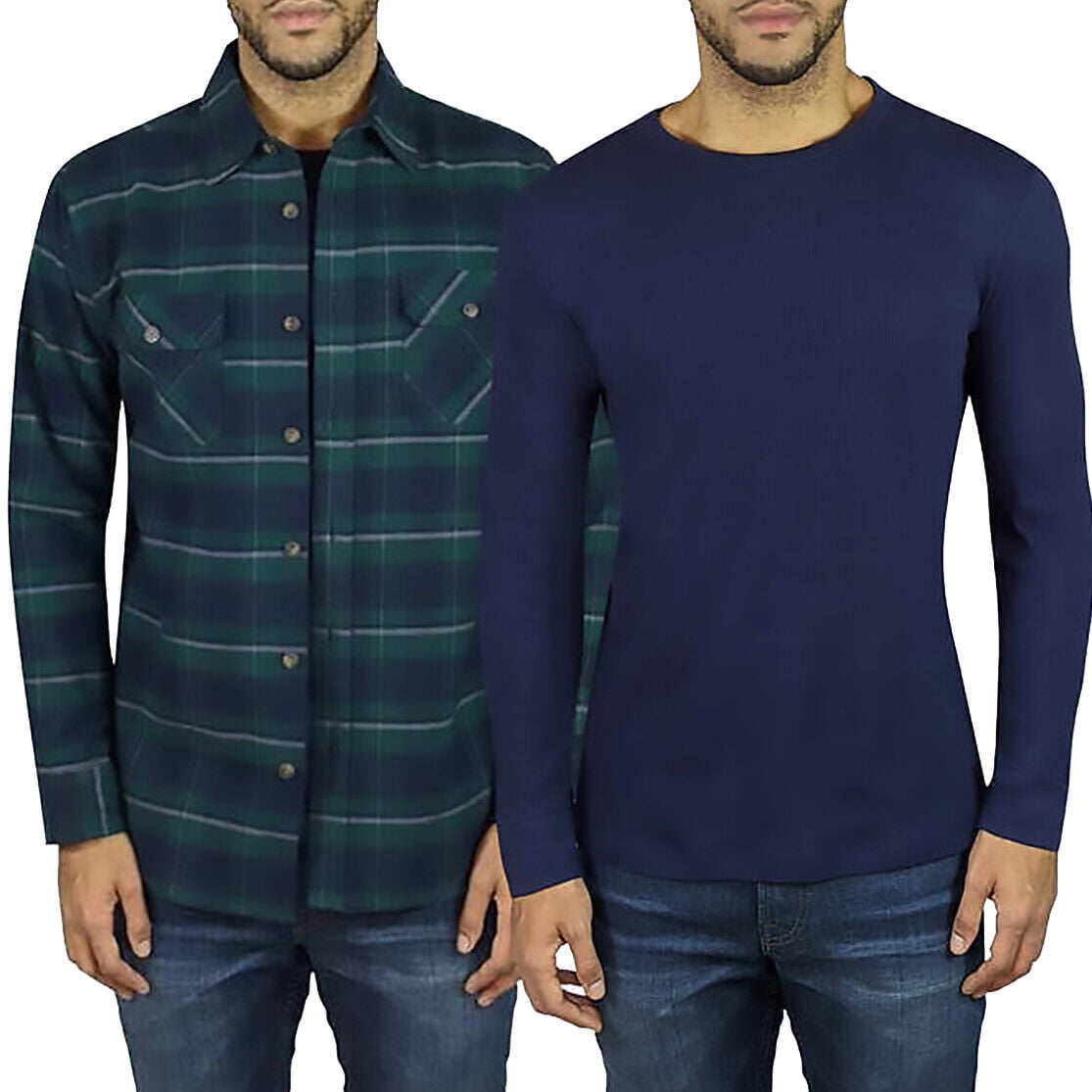 JACHS New York 2 Pack Men's Waffle Thermal & Flannel Shirt Green