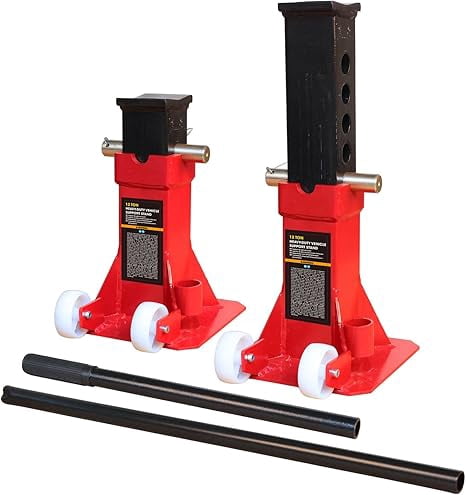 JACK BOSS Heavy Duty 12 Ton (24,000 lbs) Jack Stands with 2 Casters and Handle, Easily Moveable Car Lift Stands for Truck and Pick Up, Red