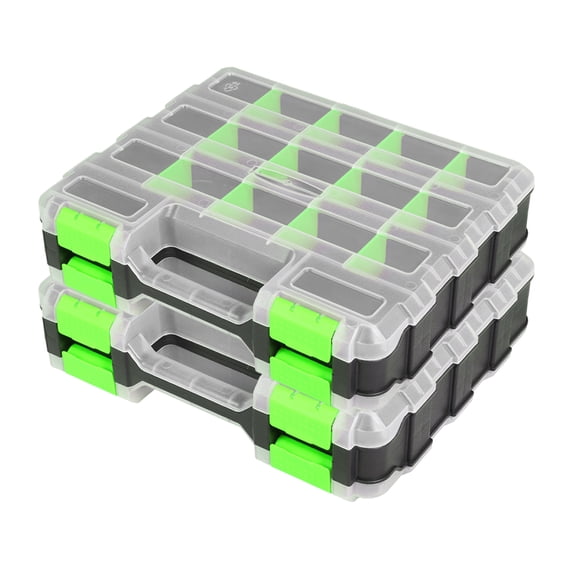 BLACK JACK Tool Box with Transparent Lid, Double Side 34-Compartments Organizer Box with Removable Dividers for Hardware, Screws, Bolts, Nails, Beads, Jewelry and Fishing Accessories, Green, 2 Pack
