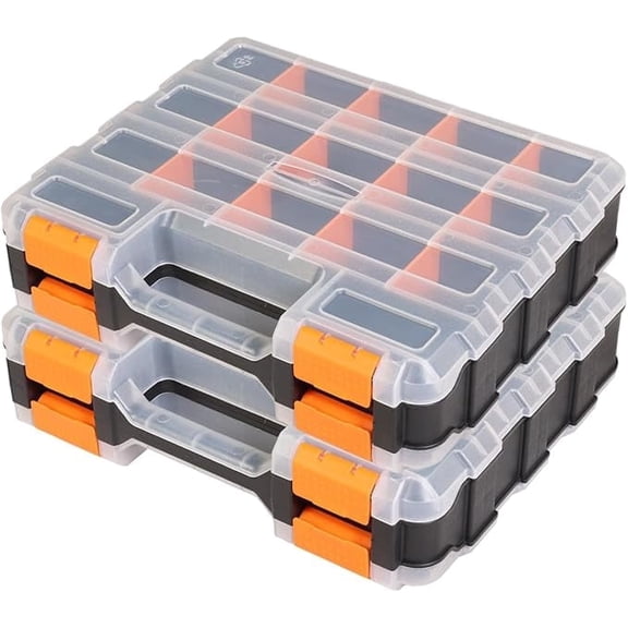 BLACK JACK Tool Box with Transparent Lid, Double Side 34-Compartments Organizer Box with Removable Dividers for Hardware, Screws, Bolts, Nails, Beads, Jewelry and Fishing Accessories, Orange, 2 Pack