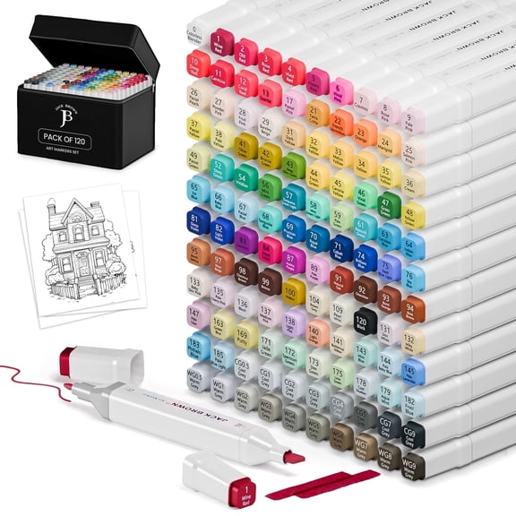 JACK BROWN 120 Professional Art Markers, Fine & Chisel Dual Tip, Adults & Kids