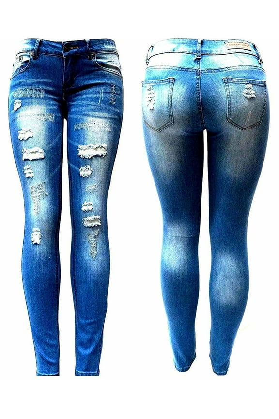 Premium Blue Denim Stretch Jeans Destroy Skinny Ripped Distressed Pants