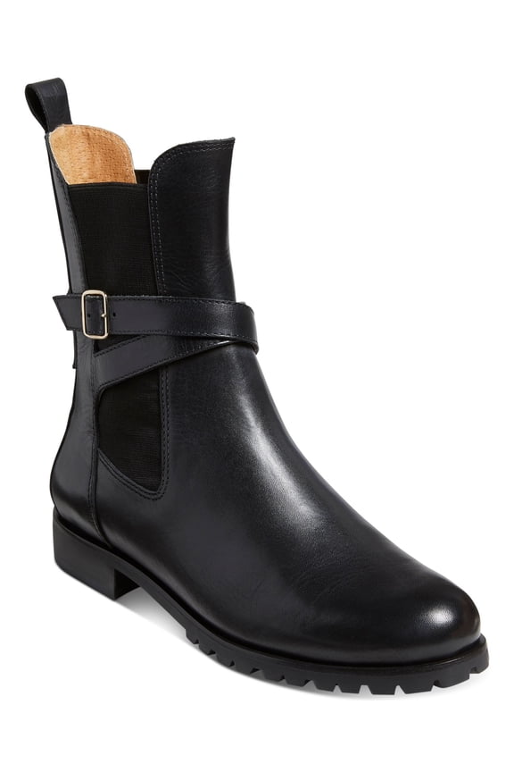 Womens Black Elastic Panels Heel Pull-Tab Buckle Accent Padded Daphne Round Toe Leather Booties 7 M