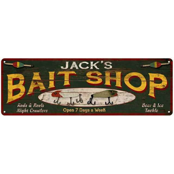 JACK'S Bait Shop Sign Wood Look Man Cave Den Gift 6x18 Metal 206180024056