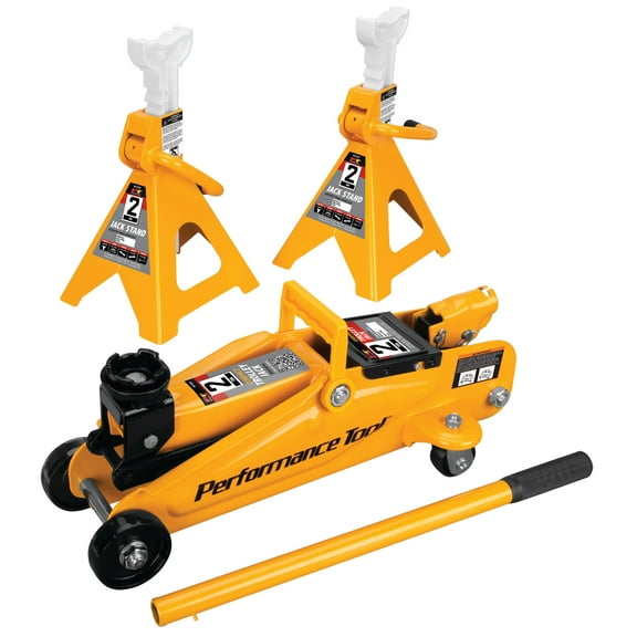 Performance Tool W1605 2-Ton Trolley Jack & Jack Stands - Enamel Finish, 4,000 Lbs. Capacity, Carrying Handle, Heavy Duty - Yellow
