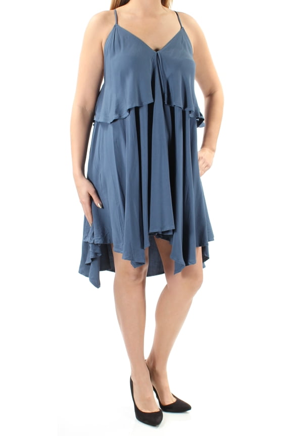 Womens Blue Pleated Spaghetti Strap V Neck Knee Length Dress Size: L
