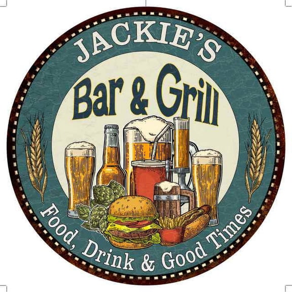 JACKIE'S Bar and Grill 14" Round Metal Sign Kitchen Wall Decor 100140023297