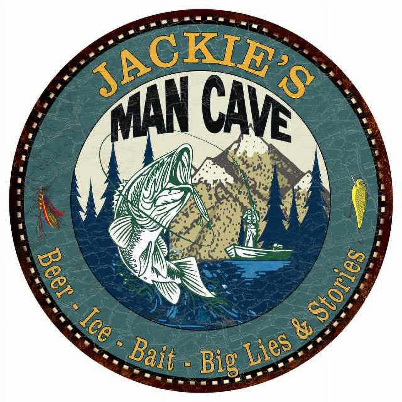JACKIE'S Man Cave Fishing 14 Round Metal Sign Garage Bar Decor