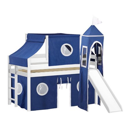 JACKPOT Solid Wood Prince & Princess Low Loft Twin Bed in White/Blue