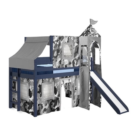 JACKPOT Solid Wood Prince & Princess Low Loft Twin Bed in Blue/Gray Camo