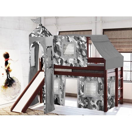 JACKPOT Solid Wood Prince & Princess Low Loft Twin Bed in Cherry/Gray Camo