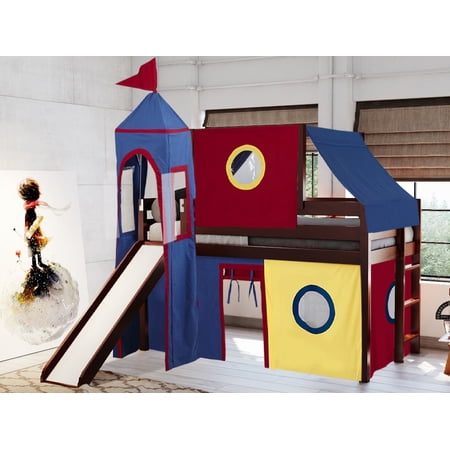 JACKPOT! Castle Low Loft Bed with Slide, Red Yellow and Blue Tent and Tower, Twin, Cherry