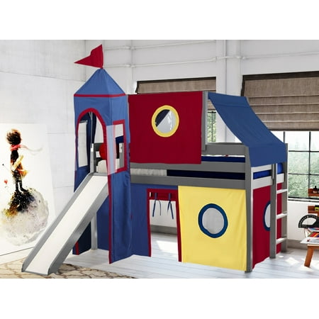 JACKPOT! Castle Low Loft Bed with Slide, Red Yellow and Blue Tent and Tower, Twin, Gray