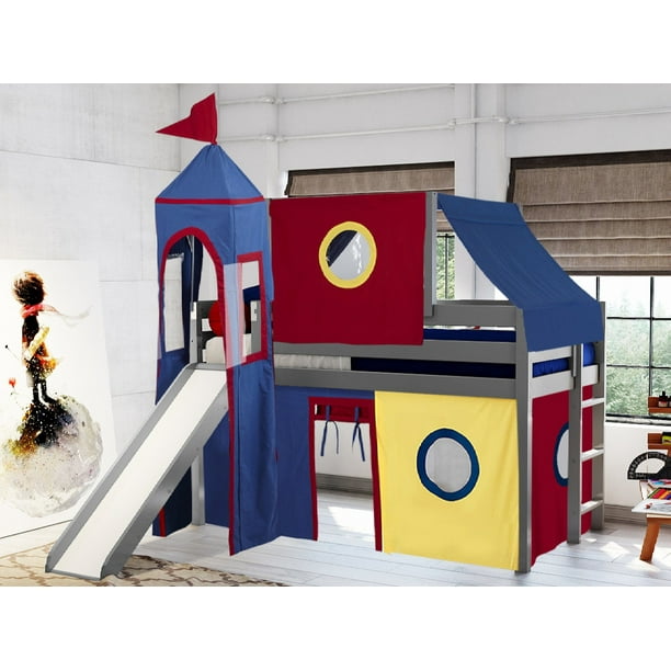 JACKPOT Castle Low Loft Bed with Slide, Red Yellow and Blue Tent and Tower, Twin, Gray
