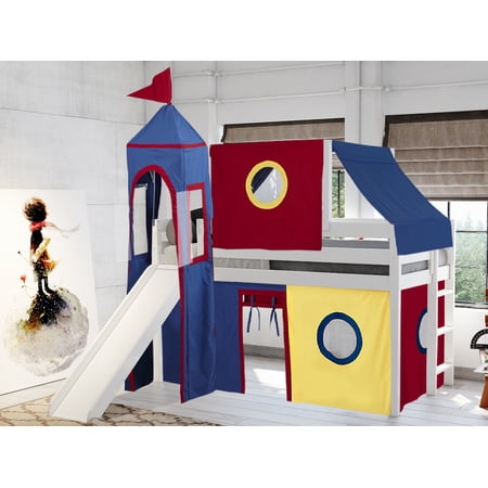 JACKPOT! Castle Low Loft Bed with Slide, Red Yellow and Blue Tent and Tower, Twin, White