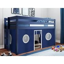 JACKPOT Solid Wood Low Loft Twin Bed with End Ladder/Tent in Blue/White