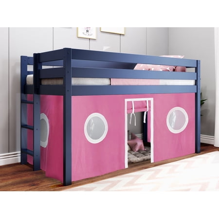 JACKPOT Solid Wood Low Loft Twin Bed with End Ladder/Tent in Blue/Pink/White