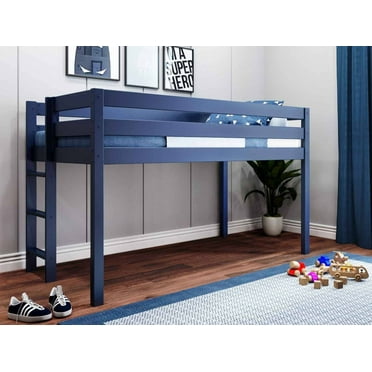 JACKPOT Contemporary Solid Wood Low Loft Twin Bed with End Ladder in Blue