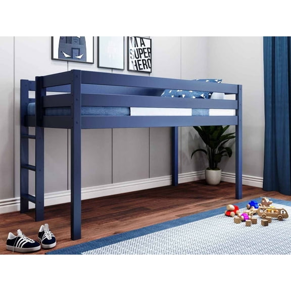JACKPOT Contemporary Solid Wood Low Loft Twin Bed with End Ladder in Blue
