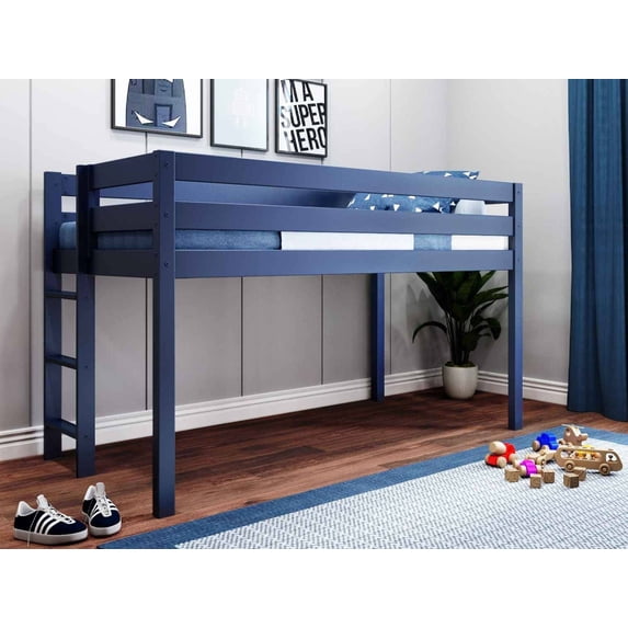 JACKPOT Contemporary Solid Wood Low Loft Twin Bed with End Ladder in Blue