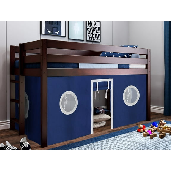 JACKPOT! Contemporary Low Loft Twin Bed with End Ladder, Cherry with Blue & White Tent