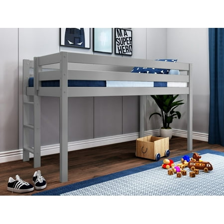 JACKPOT! Contemporary Low Loft Twin Bed with End Ladder, Gray