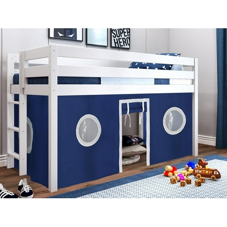 JACKPOT! Contemporary Low Loft Twin Bed with End Ladder, White with Blue & White Tent
