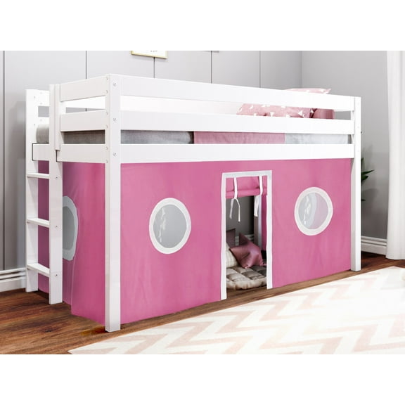 JACKPOT! Contemporary Low Loft Twin Bed with End Ladder, White with Pink & White Tent
