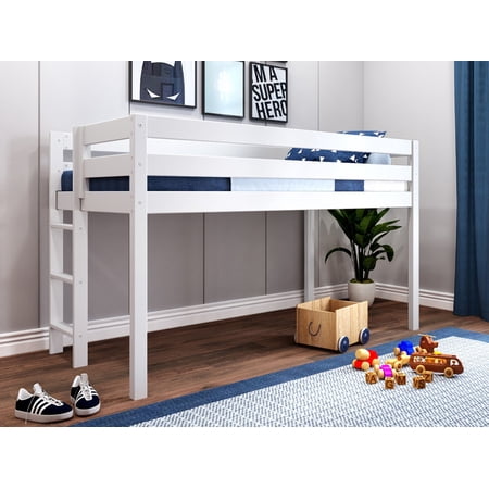 JACKPOT! Contemporary Low Loft Twin Bed with End Ladder, White