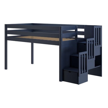 JACKPOT Contemporary Solid Wood Low Loft Twin Bed with 3 Step Stairway in Blue