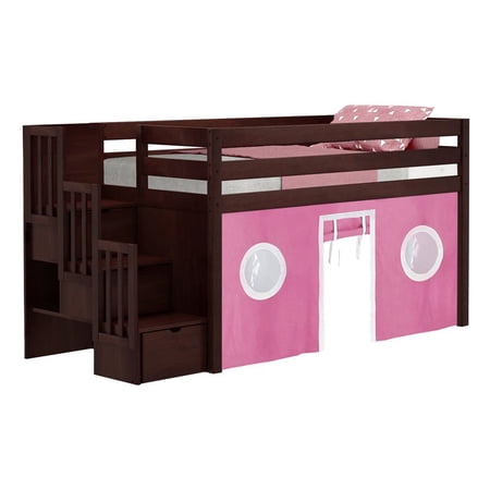 JACKPOT Solid Wood Low Loft Twin Bed with Stairway and Tent in Cherry/Pink/White