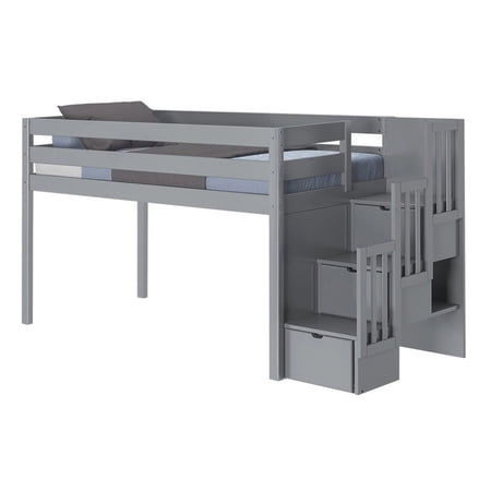 JACKPOT Contemporary Solid Wood Low Loft Twin Bed with 3 Step Stairway in Gray